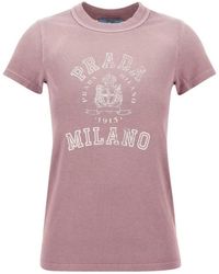 Prada - Tops ,Roze ,Katoen Roze Logo T-Shirt Voor Vrouwen - Lyst