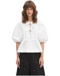 Ganni - Katoenen Poplin Peplum Strik Blouse - Lyst