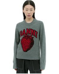 Ganni - Truien & Vesten ,Grijs ,Wol Graphic Strawberry O-Neck Sweater - Lyst