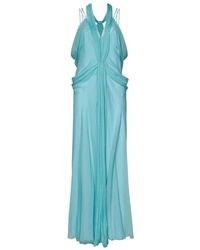 Alberta Ferretti - Vestido azul de chifón de seda con cuello en v - Lyst