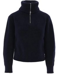 Max Mara - Truien & Vesten ,Blauw ,Wol Geribde Coltrui Met Halve Rits - Lyst