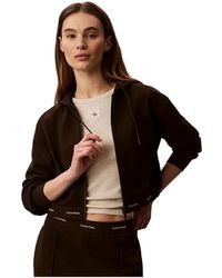 Calvin Klein - Hoodies & Sweatvesten ,Bruin ,Katoen Cropped Logo Elastische Rits Hoodie - Lyst