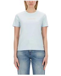 Lanvin - Tops ,Blauw ,Katoen T-Shirt Van Katoen Met Geborduurd Logo - Lyst
