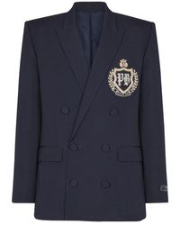 Balmain - Jassen ,Blauw ,Wol Wollen Blazer Met Kristal Patch - Lyst