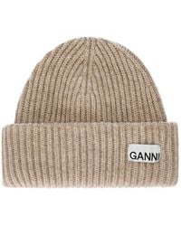 Ganni - Gerippte Beanie Aus Beiger Wollmischung - Lyst
