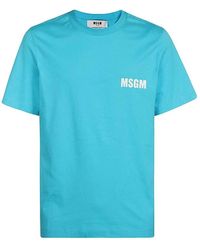 MSGM - Tops ,Blauw ,Katoen Logo Detail Katoenen T-Shirt - Lyst