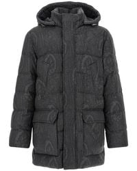 Etro - Jassen ,Grijs ,Wol Wollen Donsjack Met Capuchon En Arnica-Motief - Lyst