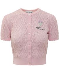 Self-Portrait - Truien & Vesten ,Roze ,Katoen Pointelle Ribbed Knit Cardigan - Lyst