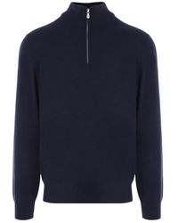 Brunello Cucinelli - Truien & Vesten ,Blauw ,Nylon Cashmere Trui Met Halve Rits - Lyst