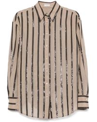 Brunello Cucinelli - Gestreiftes Pailletten Creme T-Shirt - Lyst