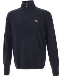 Lacoste - Truien & Vesten ,Blauw ,Wol High Zip Neck Carded Wool Sweater - Lyst