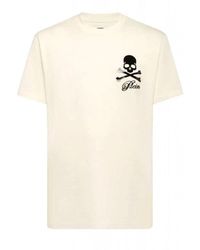 Philipp Plein - Tops ,Wit ,Katoen T-Shirt Met Ronde Hals En Print Skull & Bones - Lyst
