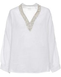 120% Lino - V-Hals Blouse Met Versieringen - Lyst