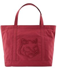 Maison Kitsuné - Rote leder shopper tasche mit canvas gurt - Lyst
