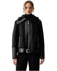 Patrizia Pepe - Jassen ,Zwart ,Polyester Bikerjack Met Pluizige Details - Lyst