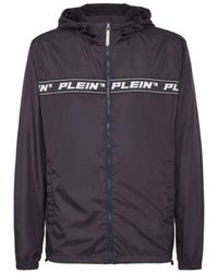 Philipp Plein - Jassen ,Blauw ,Nylon Blauw Nylon Windbreaker Hooded Jas - Lyst