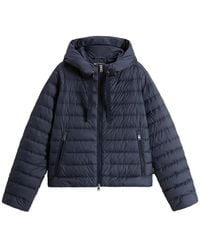 Woolrich - Jassen ,Blauw ,Polyester Gewatteerde Jas Met Capuchon - Lyst