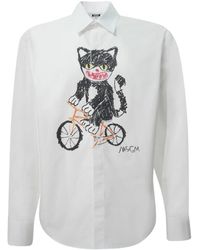 MSGM - Overhemden ,Wit ,Katoen Lange Mouw Katoen Poplin Overhemd Met Print Aan De Voorkant - Lyst