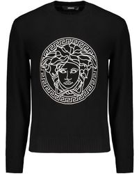 Versace - Truien & Vesten ,Zwart ,Katoen Geborduurde Katoenen Trui Met Ronde Hals - Lyst