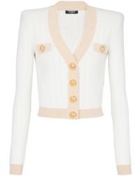 Balmain - Beige weißer cardigan mit goldknöpfen - Lyst