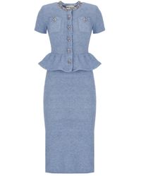 Self-Portrait - Kleedjes ,Blauw ,Katoen Peplum Knit Midi Dress - Lyst