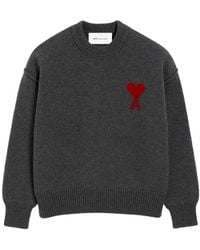 Ami Paris - Truien & Vesten ,Grijs ,Wol Wollen Gebreide Trui Met Ronde Hals En Intarsia Hart - Lyst