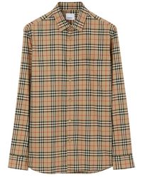 Burberry - Overhemden ,Grijs ,Katoen Geruit Grijs Overhemd Met Vintage Check-Patroon - Lyst