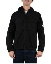 Stone Island - Jassen ,Zwart ,Katoen Hooded High-Neck Jacket - Lyst