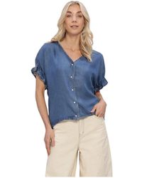 Object - Overhemden ,Blauw ,Denim Objframe 2/4 V-Neck Re Top - Lyst