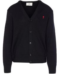 Ami Paris - Zwarte Wollen Gebreide V-Hals Trui - Lyst