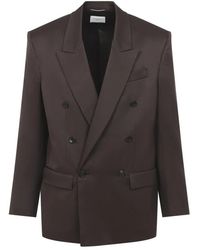 Saint Laurent - Jassen ,Bruin ,Satijn Double-Breasted Zijden Blazer - Lyst