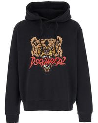 DSquared² - Hoodies & Sweatvesten ,Zwart ,Katoen Zwarte Hoodie Met Trekkoord En Logo - Lyst