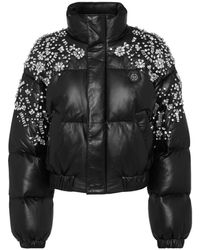 Philipp Plein - Jassen ,Zwart ,Leer Leather Puffer Jacket Crystal - Lyst