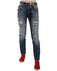 Dolce & Gabbana Distressed Embellished Buttons Denim Pants Jeans - Blauw