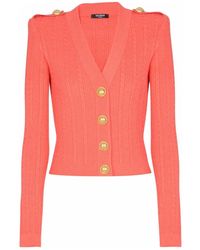 Balmain - Truien & Vesten ,Roze ,Polyester Cardigan Met Lange Mouwen En Kabelbreisel - Lyst