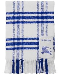 Burberry - Bufanda de lana a cuadros azul con logo patch - Lyst