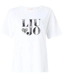 Liu Jo - Weiße baumwoll-t-shirt mit strass,weiße baumwoll-t-shirt mit strass-buchstaben - Lyst