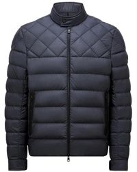 Moncler - Jassen ,Blauw ,Nylon Leren Bikerjack Met Afwerking - Lyst