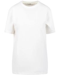 Jil Sander - Tops ,Wit ,Katoen Oversized Crewneck T-Shirt Met Leren Label - Lyst