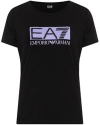 EA7 - Tops ,Zwart ,Katoen Logo Series Stretch Katoen-Jersey T-Shirt - Lyst