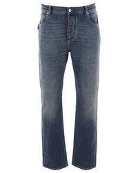 Bottega Veneta - Jeans regular-fit in denim blu slavato con patch logo in pelle - Lyst