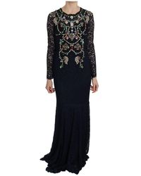 Dolce & Gabbana Crystal Floral Lace Long Gown Dress - Blauw