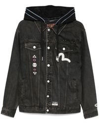 Evisu - Giacca con cappuccio in denim nero patchwork - Lyst