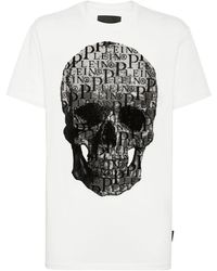 Philipp Plein - Tops ,Wit ,Katoen T-Shirt Ronde Hals Ss Skull And Plein Met Kristallen - Lyst