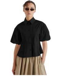 MEIMEIJ - Overhemden ,Zwart ,Katoen Blouse Met Ballonmouwen En Uitsparingen Aan De Voorkant - Lyst