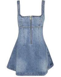 Self-Portrait - Kleedjes ,Blauw ,Denim Denim Flared Logo Mini Jurk - Lyst