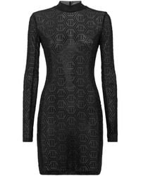 Philipp Plein - Kleedjes ,Zwart ,Polyester Tulle Mini-Jurk Met Lange Mouwen Monogram Strass - Lyst
