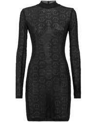 Philipp Plein - Kleedjes ,Zwart ,Polyester Tulle Mini-Jurk Met Lange Mouwen Monogram Strass - Lyst