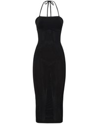 Wolford - Kleedjes ,Zwart ,Wol Halterneck Midi-Jurk Met Aansluitend Lijfje - Lyst