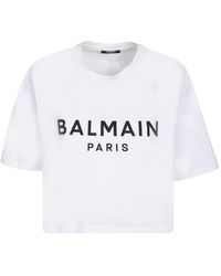 Balmain - Camiseta crop blanca con estampado de logo - Lyst
